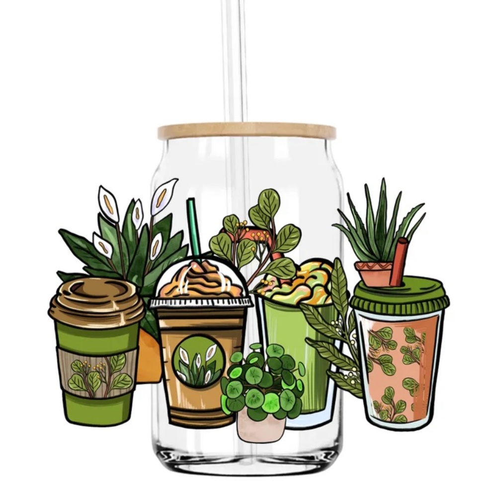 Glass frosted cup with Bamboo Lid and Straw-16oz Plant and coffee lover